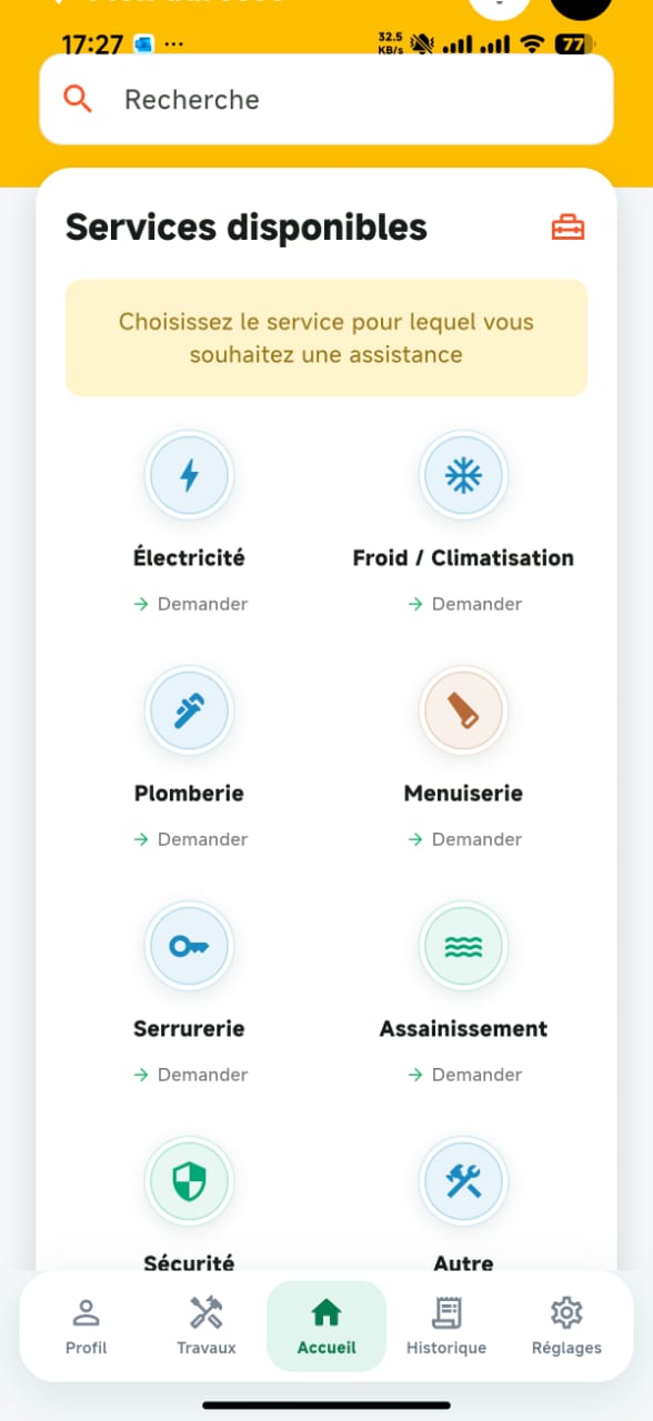 Écran OOKAMY présentant les services disponibles